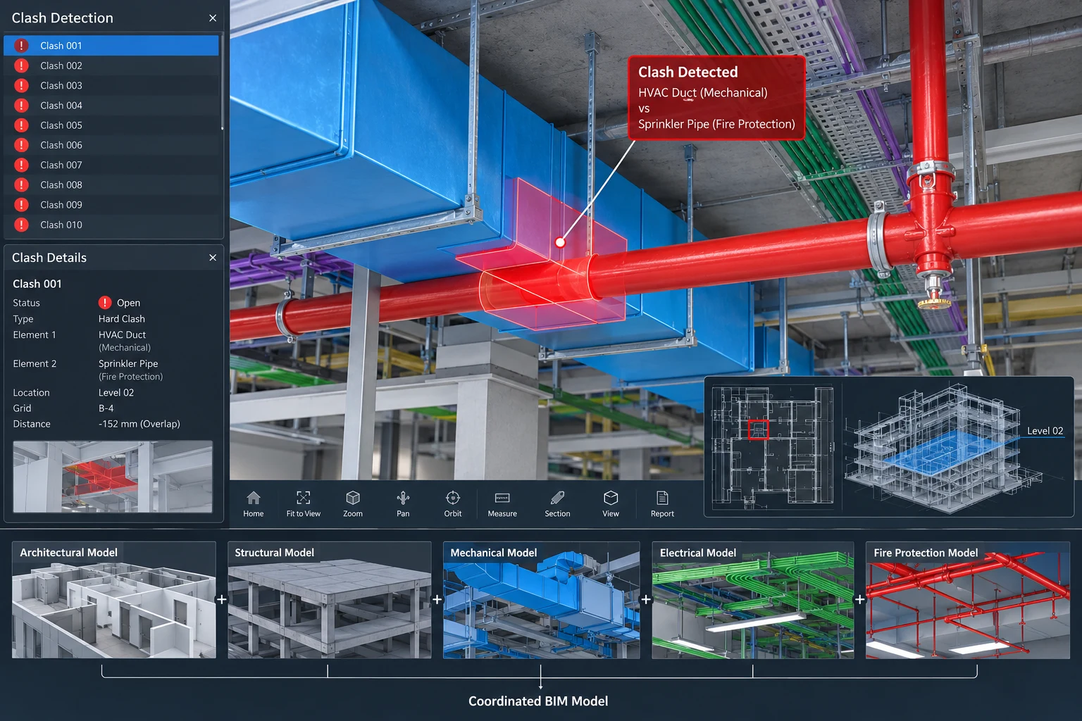 BIM clash detection review showing a multidisciplinary coordination conflict